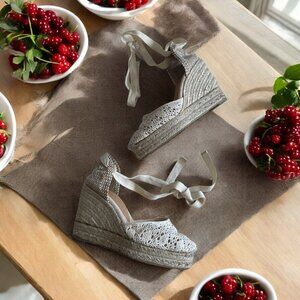 CASTANER Cream Crochet Espadrilles Lace Up Wedges Size 37